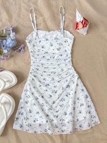 SHEIN Tween Girl Spring/Summer Spaghetti Strap High Waist Pleated Floral Print Dress - Blue - View 4