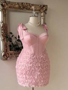 Lovelzi Plus Size Elegant Romantic Sexy Pink Strapless 3D Floral Fabric Waist-Defining Bodycon Short Party Wedding Cocktail Dress Wedding Spring - Pink - View 5