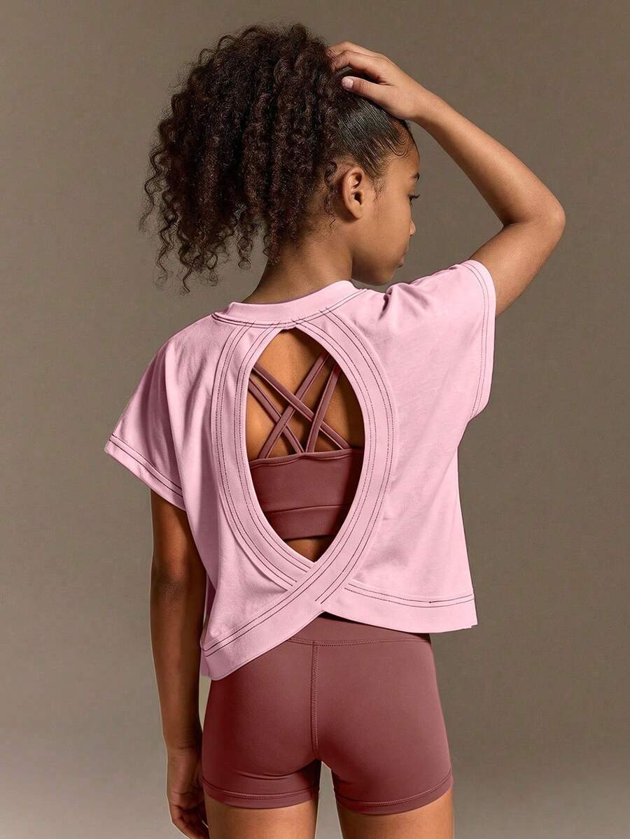 SHEIN Tween Girls Clothes Casual Sports Short Sleeve Back Hollow Out, Cute, School, Back To School - Pink - View 1