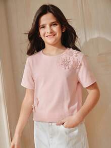 Anewsta 粉紅色女童 3D 花朵裝飾圓領短袖針織 T-shirt - 粉色 - 查看 6