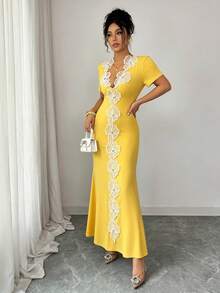 Elenzga Women's High Waist Short Sleeve V-Neck Long Dress Party Butter Yellow Summer Disco Sexy - Yellow - View 6