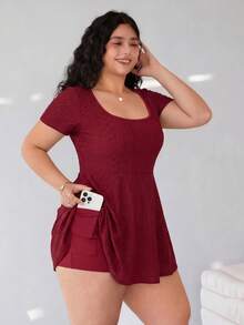 Solflare Plus Size Wine Red Casual Short Sleeve Jumpsuit, Everyday Wear, Spring/Summer - Burgundy - View 6