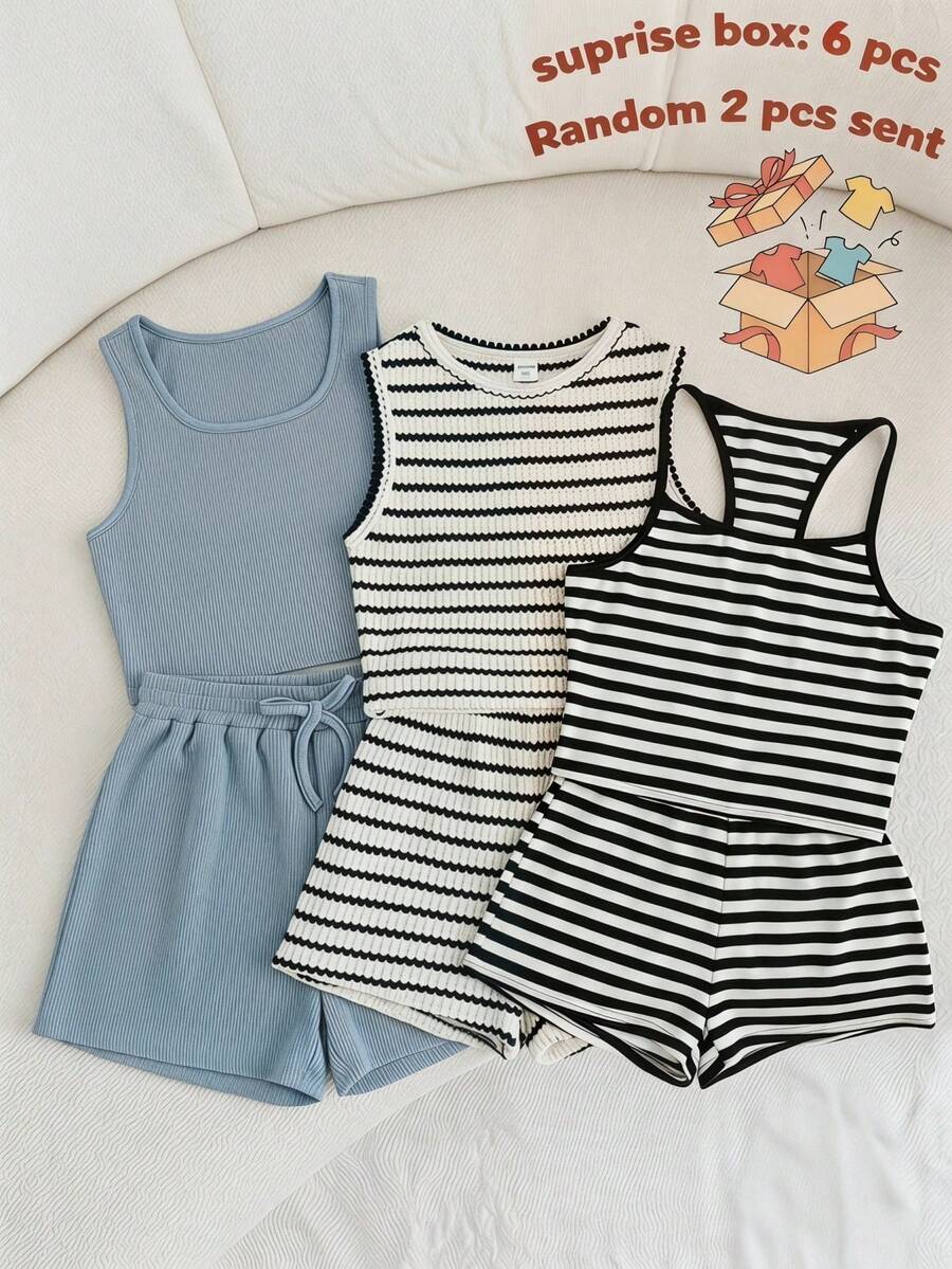 SHEIN 少女黑白条纹针织纹理无袖露脐上衣和宽松短裤两件套度假休闲套装,春夏款 - 黑與白 - 查看 1