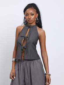 COUREZ Halter Pinstripe Tie Front Top /Y2K Sexy Rave Club Night Out Open Front Blouse Women's Summer Outfits Autumn Sleeveless Tops Light Grey - Dark Grey - View 2