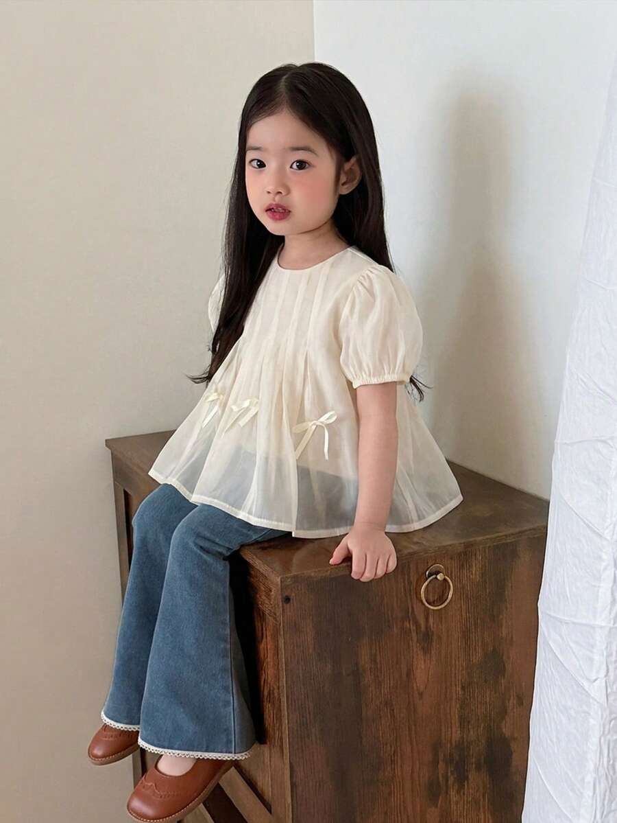 DAZY 女嬰圓領蝴蝶結韓式清新甜美無袖上衣 夏季 - 杏色 - 查看 1