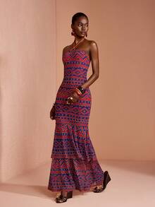 JIAN LASALA All-Over Print Mesh O Ring Halter Neck Sleeveless Women Maxi Dress Summer Boho Casual - Multicolor - View 6