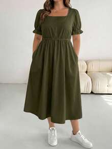 SHEIN Essnce Plus Size Summer Casual Solid Color Short Sleeve Dress - Army Green - View 3