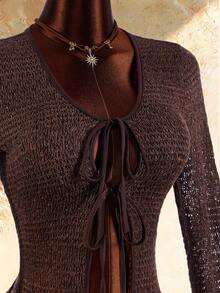 Amplova Women's Fashion Hollow Out Tie-Up Long Sleeve Knit Top For Vacation - Brown - View 4