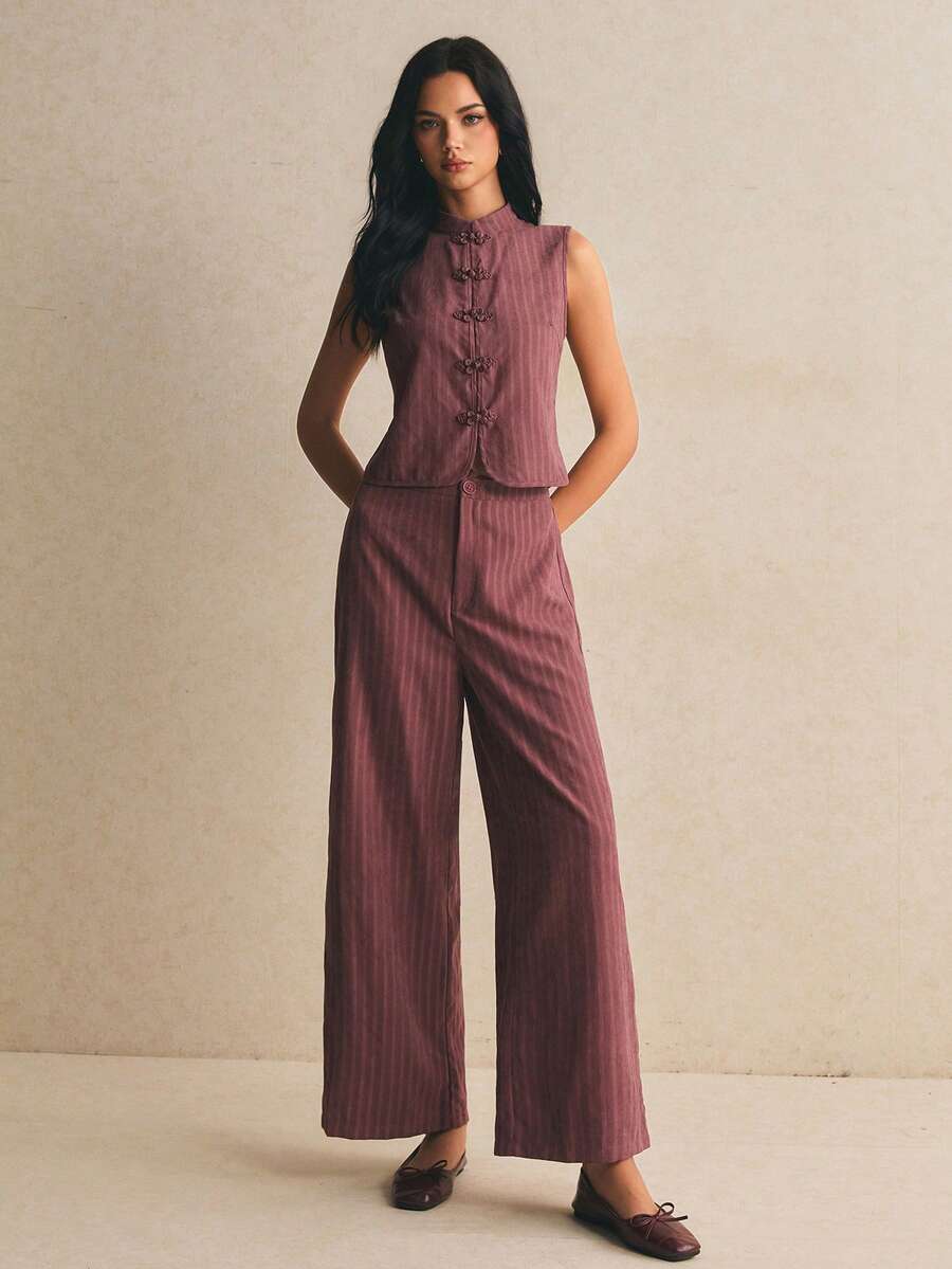 Poéselle Women's Exquisite Fashion Frog Button Tank Top And Pocket Casual Pants 2 Pieces Set - Red Violet - View 1