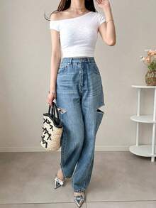 DAZY Solid Asymmetrical Neck Crop Tee,Back To School Clothes Preppy Tops - White - View 8