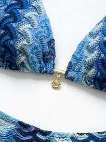 SHEIN Swim Chicsea 26SS 春夏度假沙滩波西米亚风酒红色编织比基尼泳衣套装（含泳裤） - 藍色 - 查看 3