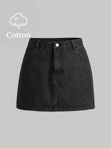 SHEIN MOD Plus Size Summer Fashion Casual Slant Pocket Denim Skirt - Black - View 1