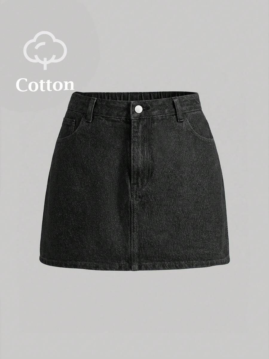 SHEIN MOD Plus Size Summer Fashion Casual Slant Pocket Denim Skirt - Black - View 1