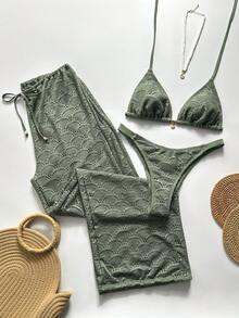SHEIN Swim Chicsea 26SS 春夏度假海灘波希米亞風編織棕紅色比基尼泳衣附長褲 3件組 - 綠色 - 查看 1