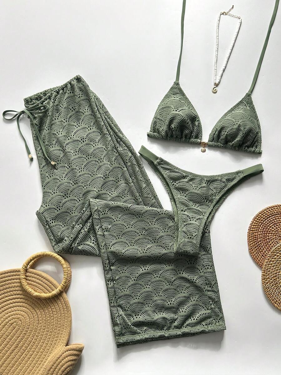 SHEIN Swim Chicsea 26SS 春夏度假海灘波希米亞風編織棕紅色比基尼泳衣附長褲 3件組 - 綠色 - 查看 1