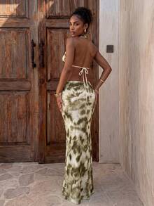 Aloruh 女士新款长款连衣裙，无袖吊带连衣裙，金属扣装饰，扎染印花连衣裙，女士度假波西米亚风服装 - 彩色 - 查看 2