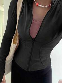 DAZY Ladies' Solid Color Simple Daily Zip-Up Jacket With Long Sleeves - Black - View 7