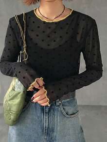 FRIFUL Women's Spring/Autumn Long Sleeve Transparent Round Neck Polka Dot Top - Black - View 4