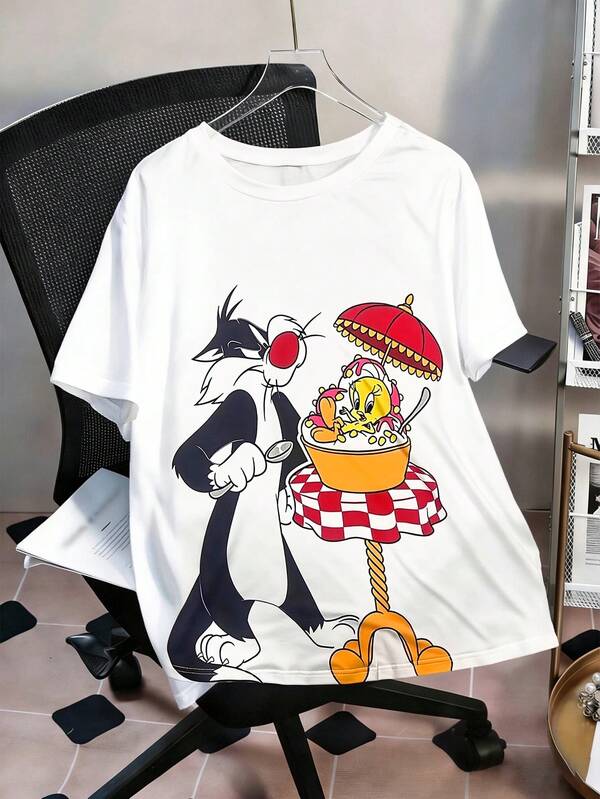DrmWander LOONEY TUNES X SHEIN 大尺碼女款圓領卡通印花短袖T恤，適合休閒度假、辦公通勤、約會