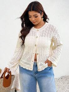 SHEIN Frenchy 大尺碼休閒手工編織3D花卉長袖開襟外套 - 杏色 - 查看 6