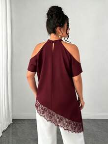 Elenzga Plus Size Summer Fashion Casual Vacation French Vintage Elegant Commuter Lace Patchwork Off-Shoulder Blouse - Burgundy - View 2