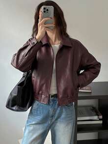 DAZY Spring New Vintage Leather Jacket, Short Style, Regular Fit, Suitable For Valentine's Day - Burgundy - View 5