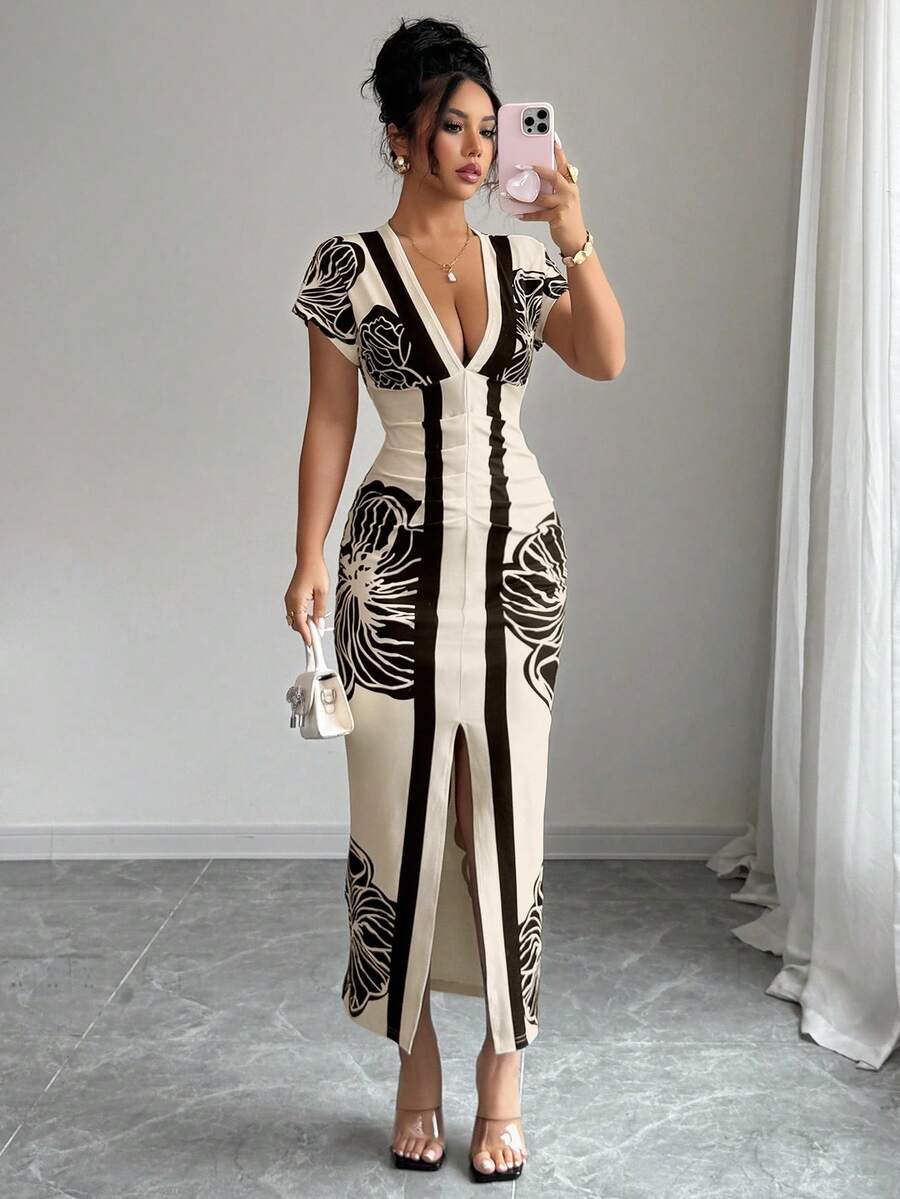 SHEIN Clasi Women's Exquisite Elegant Sexy Bohemian Print Vacation Dress Brunch Black And White Summer - Apricot - View 1