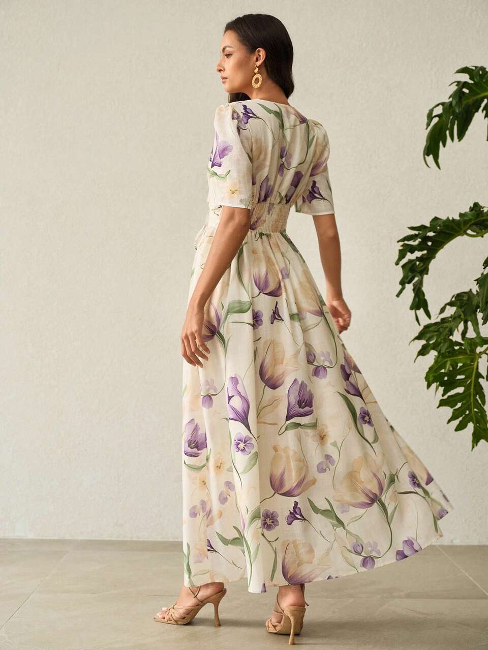 Anewsta Summer New V-Neck Short Sleeve Design Front Tie Elegant Elegant Vacation Date Women Long Dress