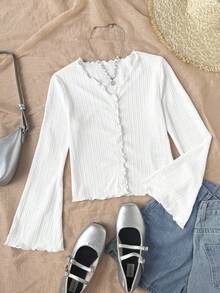 SHEIN Ragazza pre-adolescente casual quotidiano maglia con colletto arricciato bianco aderente apertura frontale maniche lunghe a campana - Bianco - Visualizzare 4