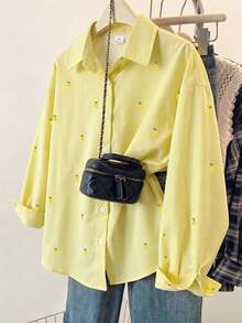 SHEIN Genkimix Kids 女童柠檬条纹印花衬衫，清新轻盈设计，长袖宽松休闲衬衫，柠檬刺绣图案，春秋季休闲衬衫 - 黃色 - 查看 6