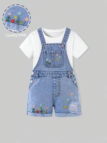 SHEIN Young Girls Light Blue Denim Overall Shorts,Cute Flower Embroidery Ripped Distressed Cuffed Loose A-Line Fit,Summer Casual Versatile Daily Wear - Light Wash - View 4