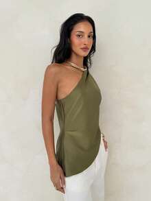 Aloruh Army Green Woven One-Shoulder Women's Shirt - Army Green - View 4