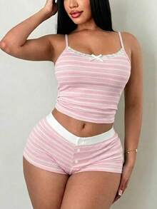 SHEIN SXY 女士性感粉白条纹吊带背心短裤套装 – 时尚百搭两件套，适合度假、派对、外出和休闲穿着，可爱柔美风，Y2K复古风，Sleepwea - 白色 - 查看 6