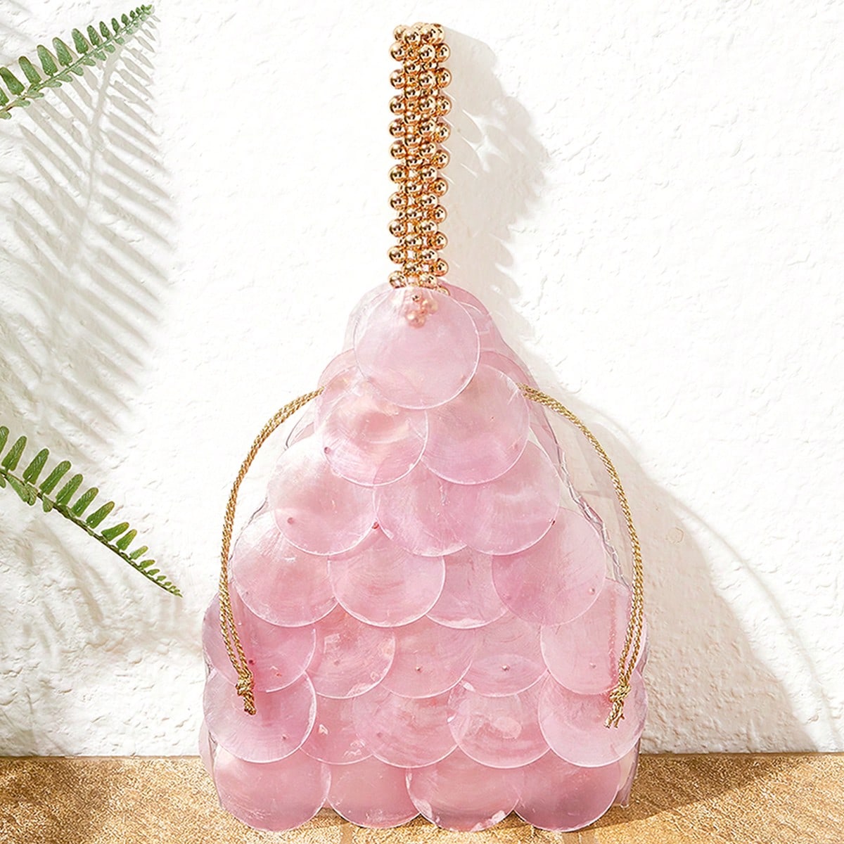 Ladies, Women Top Handle Bags, Pink, Round Imitation Seashell Pieces, Fashionable, Elegant, Simple, Personalized, Versatile, Shell Pieces, Metal Handles, For Beach, Vacation, Holiday, Summer