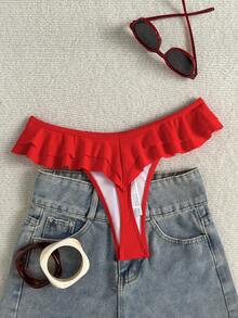 Swim SXY 2025 Vacation Beach Solid Color Ruffle Hem Bikini Bottom Summer - Red - View 3