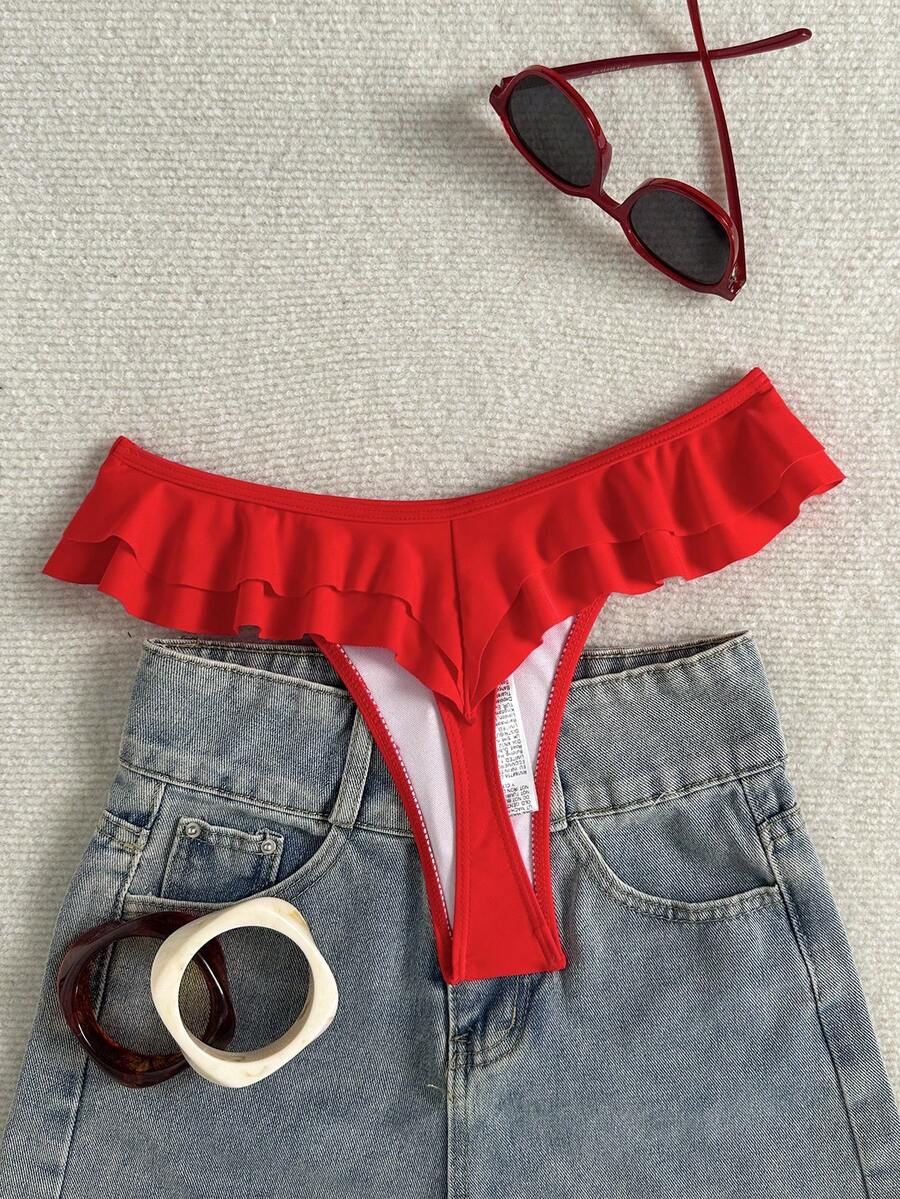 Swim SXY Parte de abajo de bikini para el verano 2025 con un dobladillo de volantes en un solo color - Rojo - Ver 1