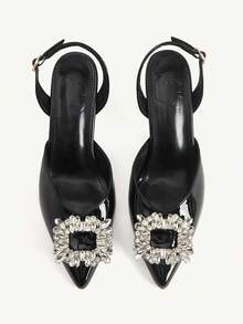 CUCCOO CHICEST Women's Shoes Rhinestone Square Buckle Thick Heel Pointed High Heels Elegant Black PU Leather High Heel Shoes Slingbacks Dating Afternoon Tea - Black - View 2