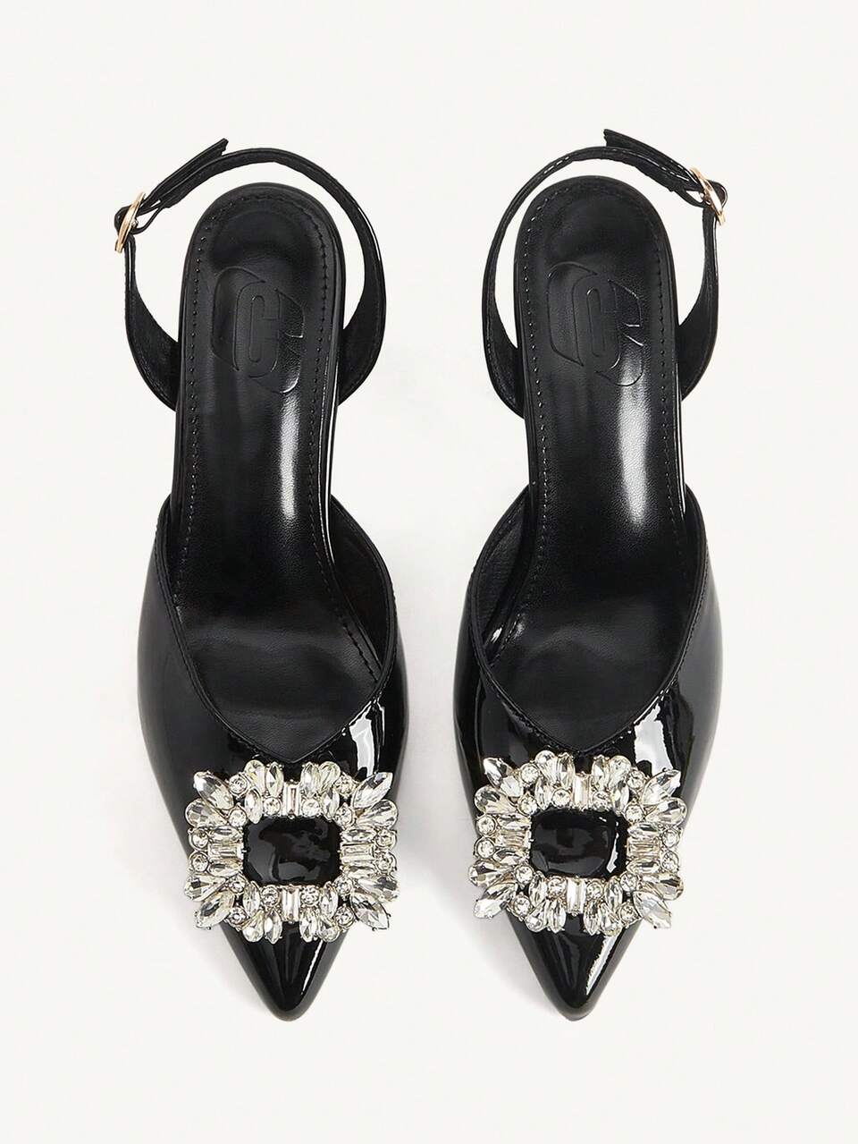 CUCCOO CHICEST Women's Shoes Rhinestone Square Buckle Thick Heel Pointed High Heels Elegant Black PU Leather High Heel Shoes Slingbacks Dating Afternoon Tea