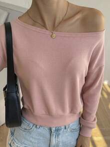 DAZY Ladies' Plain Asymmetrical Shoulder T-Shirt Long Sleeve Women Tops Off Shoulder Top - Pink - View 12
