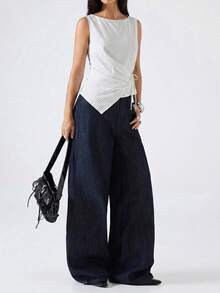 SHEIN EZwear 大尺碼女款條紋針織抓皺繫帶不對稱下擺T恤 - 白色 - 查看 5
