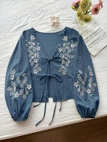 Comfortcana Plus Size Women's Elegant Boho Floral Embroidered Front Tie Lantern Sleeve Blouse Vacation Light Blue Autumn Fall Gym Vacation - Blue - View 5
