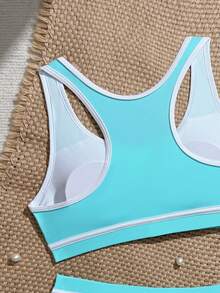 Teen Girl Colorblock Tank Top And Triangle Bikini Bottom Swimsuit Set For Beach Vacation - Mint Blue - View 4