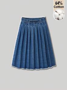 SHEIN Unity Váy mini denim xếp ly tua rua thường ngày cho nữ, mùa thu - Rửa tối - Xem 1