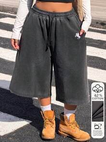 Muchica Plus Size Summer Casual Drawstring Waist Wide Leg Shorts - Dark Grey - View 1
