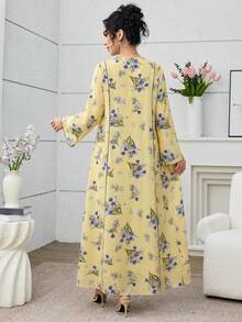 Al Najma Women's Floral Print V-Neck Long Sleeve Arabian Dress - Yellow - View 2