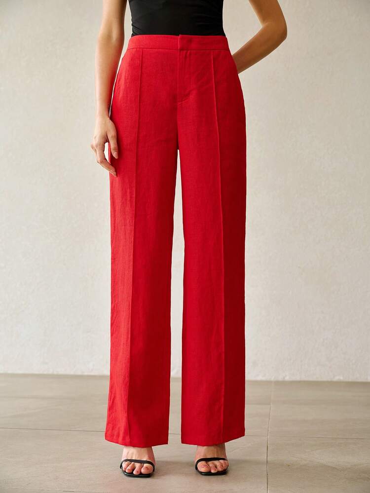 SPRING/SUMMER WOMEN'S ELEGANT COMMUTER RED 100% LINEN 9-POINT STRAIGHT LEG SUIT PANTS