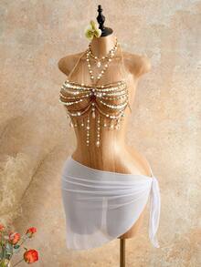 Mistrie 女款性感串珠背心上衣、女款海灘度假背心上衣、女款細肩帶背心上衣、女款水晶鏤空細肩帶背心上衣 - 綠色 - 查看 7