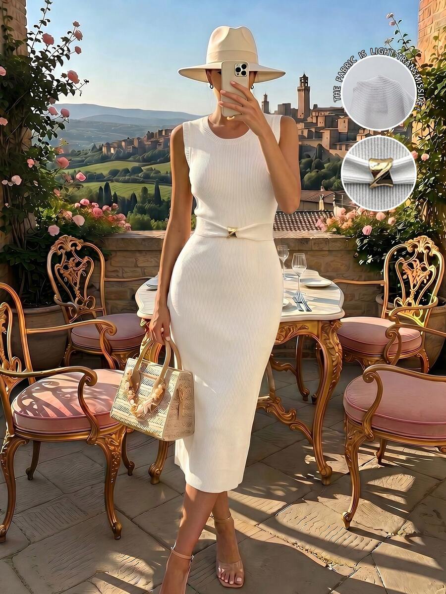 Balvessa Nouvelle robe moulante d'été en tricot à col rond sans manches, avec ceinture à boucle métallique verticale côtelée pour la taille, pour femmes - Blanc - Voir 1