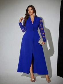 Viva Relle 大尺碼女款優雅浪漫性感派對蕾絲露背西裝領修身開衩洋裝，情人節 - 藍色 - 查看 6