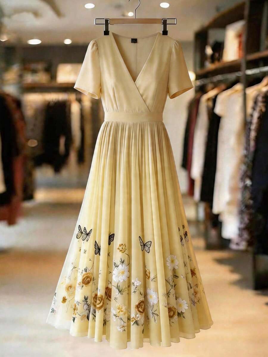 Franclia Zartrosa V-Ausschnitt Tailliertes Plissee Mesh Kleid, Sommer Midilänge Blumen- & Schmetterlingsmuster Feenkleid - Gelb - Übersicht 1
